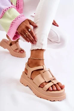 Damskie Skórzane Sandały Na Platformie Ciemnobeżowe Corene