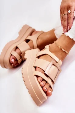 Damskie Skórzane Sandały Na Platformie Ciemnobeżowe Corene