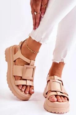 Damskie Skórzane Sandały Na Platformie Ciemnobeżowe Corene