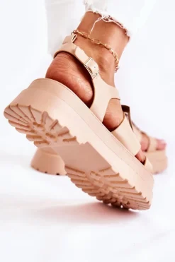 Damskie Skórzane Sandały Na Platformie Ciemnobeżowe Corene