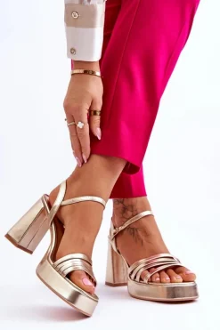 Damskie Skórzane Sandały Na Obcasie I Platformie Złote Verda