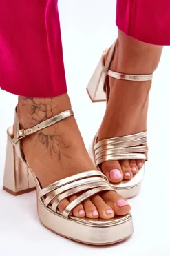 Damskie Skórzane Sandały Na Obcasie I Platformie Złote Verda