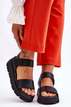 Damskie Skórzane Sandały Na Platformie Czarne Katte