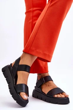 Damskie Skórzane Sandały Na Platformie Czarne Katte
