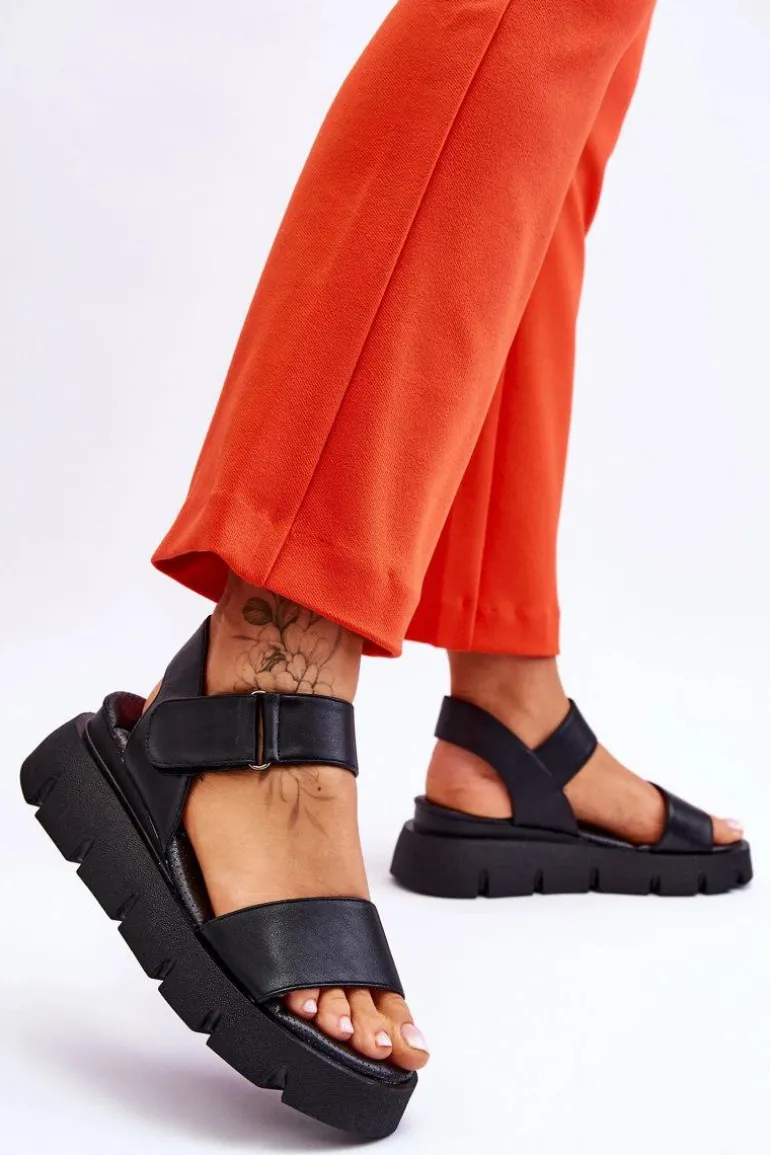 Damskie Skórzane Sandały Na Platformie Czarne Katte