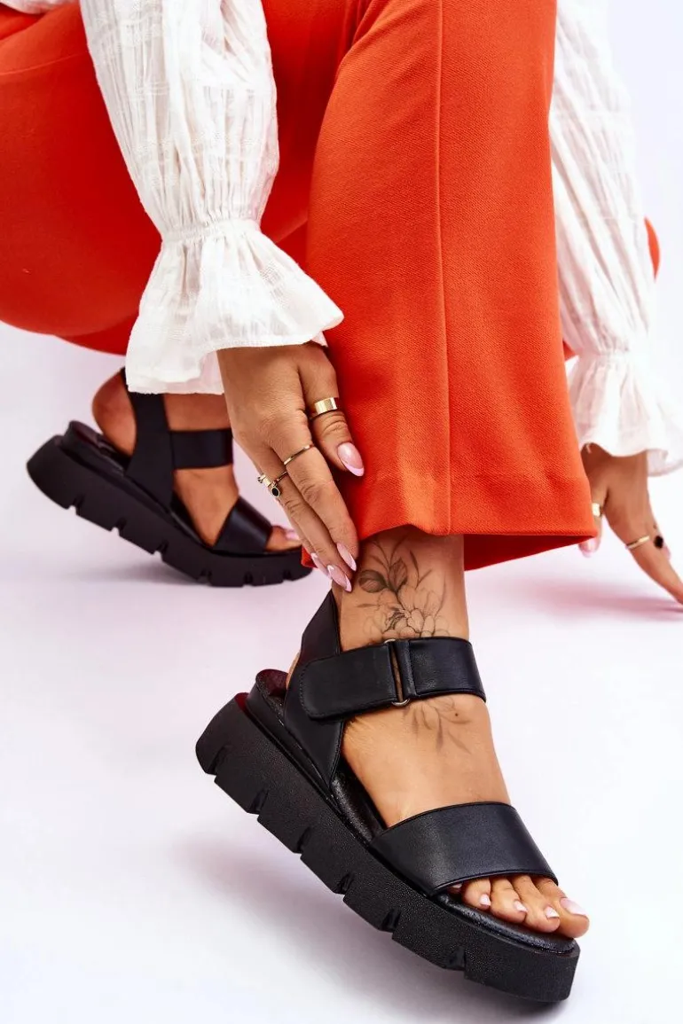 Damskie Skórzane Sandały Na Platformie Czarne Katte