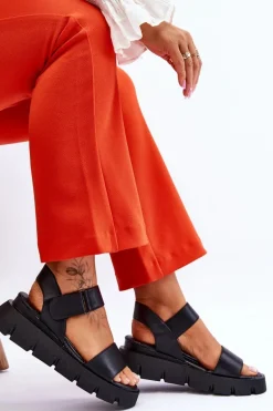 Damskie Skórzane Sandały Na Platformie Czarne Katte