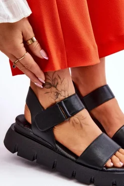 Damskie Skórzane Sandały Na Platformie Czarne Katte