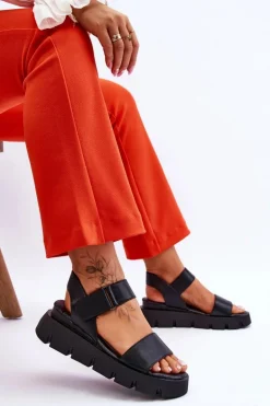 Damskie Skórzane Sandały Na Platformie Czarne Katte