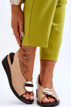 Damskie Skórzane Sandały Na Koturnie Beżowe Justice