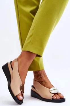 Damskie Skórzane Sandały Na Koturnie Beżowe Justice