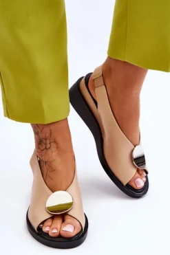 Damskie Skórzane Sandały Na Koturnie Beżowe Justice