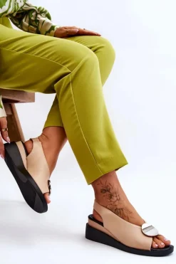 Damskie Skórzane Sandały Na Koturnie Beżowe Justice