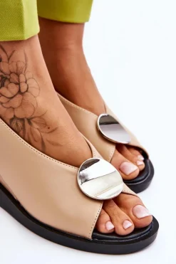 Damskie Skórzane Sandały Na Koturnie Beżowe Justice