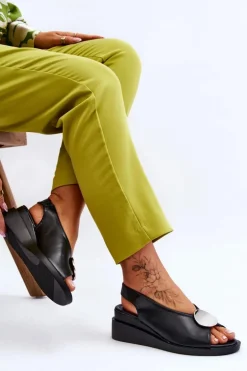 Damskie Skórzane Sandały Na Koturnie Czarne Justice