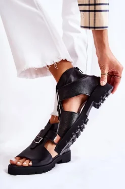 Damskie Skórzane Sandały Na Suwak Nicole 2748 Czarne