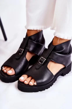 Damskie Skórzane Sandały Na Suwak Nicole 2748 Czarne