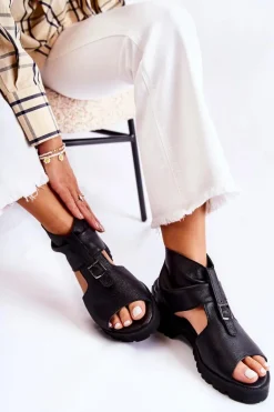 Damskie Skórzane Sandały Na Suwak Nicole 2748 Czarne