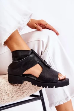 Damskie Skórzane Sandały Na Suwak Nicole 2748 Czarne