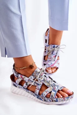 Damskie Skórzane Sandały Na Rzep 05375-06 Niebieskie