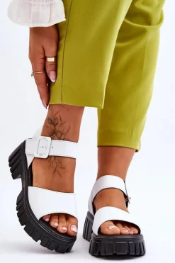 Damskie Skórzane Sandały Na Płaskim Obcasie Białe Dean