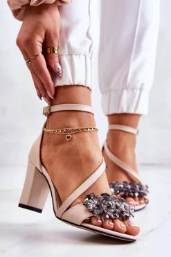 Damskie Skórzane Sandały Na Obcasie Beżowe Torine