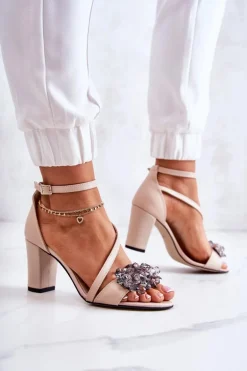 Damskie Skórzane Sandały Na Obcasie Beżowe Torine