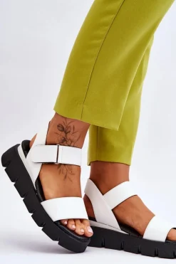 Damskie Skórzane Sandały Na Platformie Białe Katte