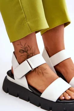 Damskie Skórzane Sandały Na Platformie Białe Katte