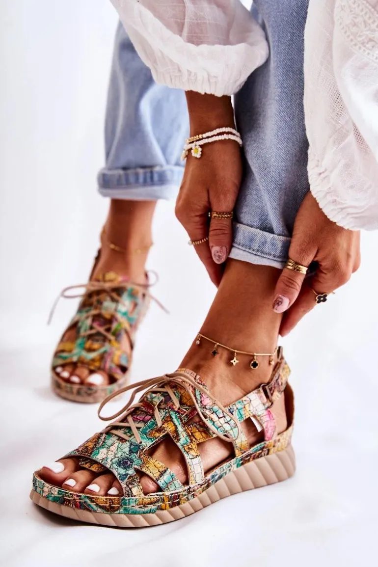 Damskie Skórzane Sandały Na Rzep 05375-09 Zielone