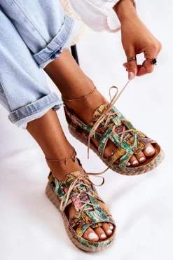 Damskie Skórzane Sandały Na Rzep 05375-09 Zielone