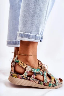 Damskie Skórzane Sandały Na Rzep 05375-09 Zielone