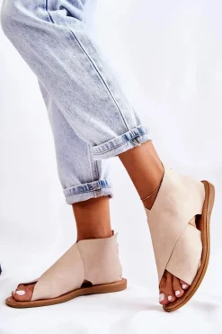 Damskie Skórzane Sandały Na Szeroką Stopę Beżowe Catalise