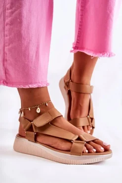 Damskie Skórzane Sandały Na Rzep Camel Clarisse