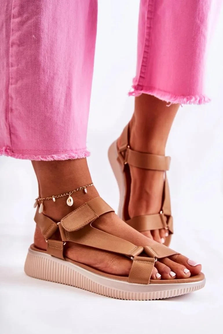 Damskie Skórzane Sandały Na Rzep Camel Clarisse