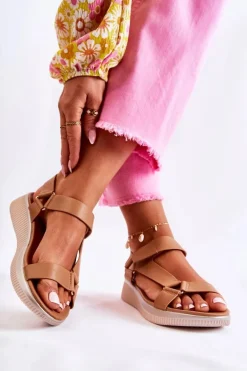 Damskie Skórzane Sandały Na Rzep Camel Clarisse