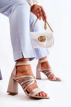 Damskie Skórzane Sandały Na Masywnym Słupku Maciejka 05514-04 Beżowo-Złote