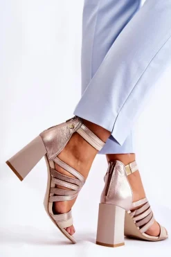 Damskie Skórzane Sandały Na Masywnym Słupku Maciejka 05514-04 Beżowo-Złote