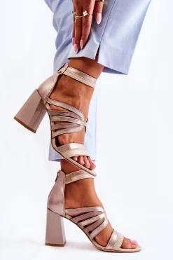 Damskie Skórzane Sandały Na Masywnym Słupku Maciejka 05514-04 Beżowo-Złote