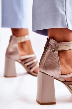 Damskie Skórzane Sandały Na Masywnym Słupku Maciejka 05514-04 Beżowo-Złote