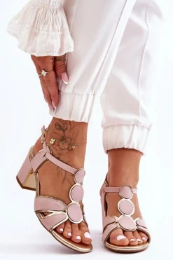 Damskie Skórzane Sandały Na Niskim Słupku Różowe Riley