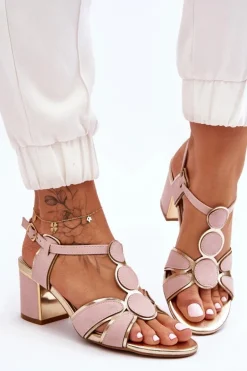 Damskie Skórzane Sandały Na Niskim Słupku Różowe Riley