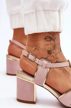 Damskie Skórzane Sandały Na Niskim Słupku Różowe Riley