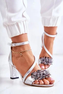 Damskie Skórzane Sandały Na Obcasie Srebrne Torine