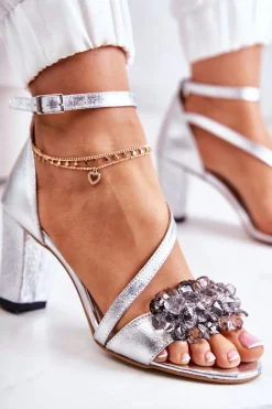 Damskie Skórzane Sandały Na Obcasie Srebrne Torine