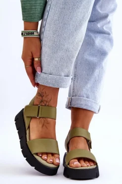 Damskie Skórzane Sandały Na Platformie Zielone Katte