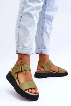 Damskie Skórzane Sandały Na Platformie Zielone Katte