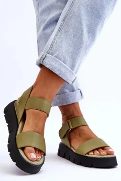 Damskie Skórzane Sandały Na Platformie Zielone Katte