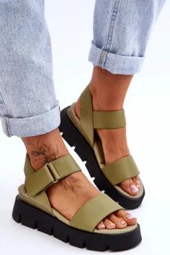 Damskie Skórzane Sandały Na Platformie Zielone Katte