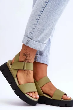 Damskie Skórzane Sandały Na Platformie Zielone Katte